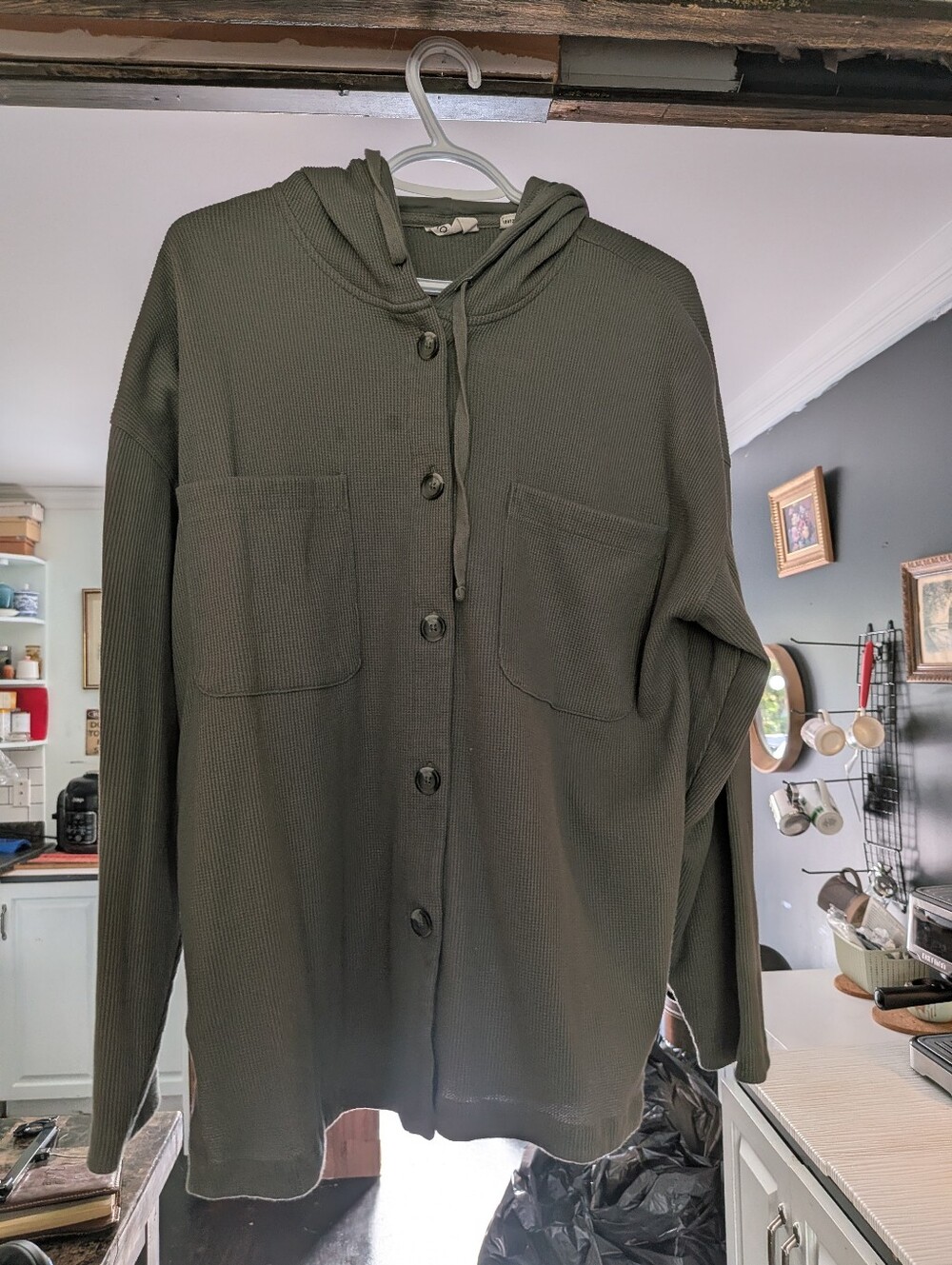 Roxy Hooded Waffle Knit Button Up Shacket Olive Size Large
